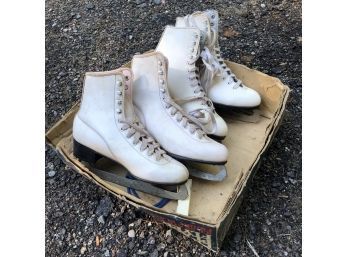 Vintage Pair Of Aerflyte White Ice Skates, Sizes 6 & 8