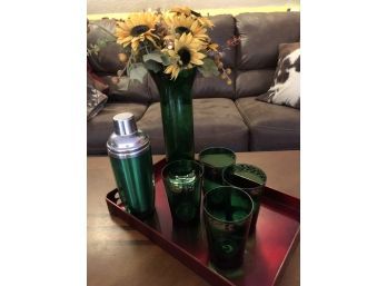 Red Tray With Sunflowers, Drink Shaker And Glasses