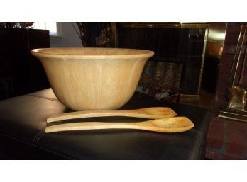 Tan Wooden Salad Bowl With Serving Utensils