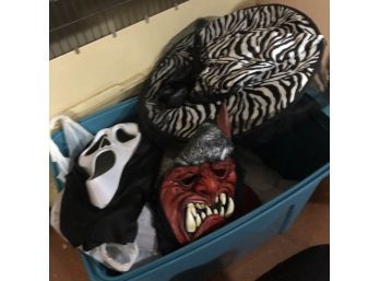 Halloween Costume Box Lot 2: Ghostface Mask, Red Mask, Hawaiian Skirt, Witch Hat