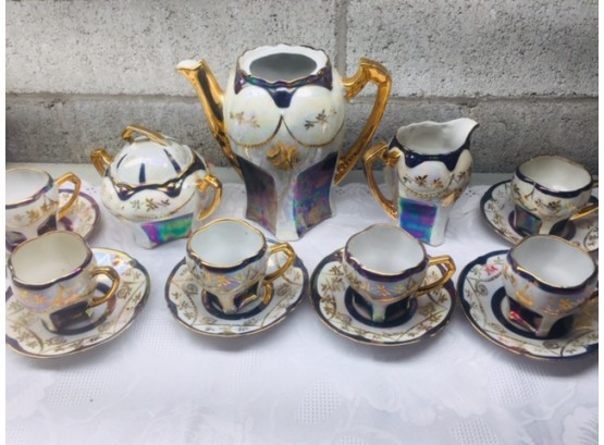 Vintage German Lusterware Teapot, Sugar, Creamer And 6 Cups And Saucers