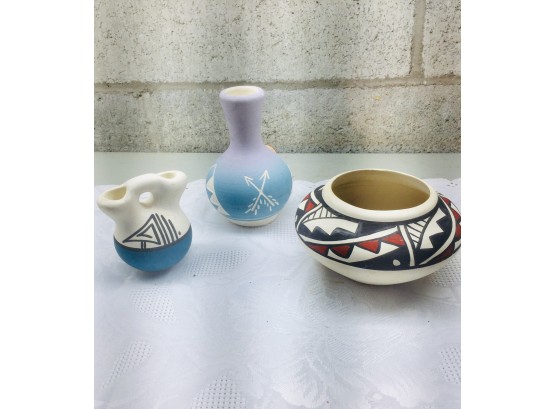 Trio Of Small Navajo Pottery Pieces, Some Signed