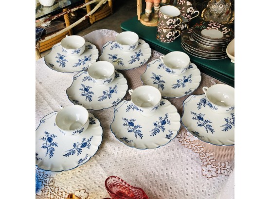 Blue Dresden China Dessert Plates And Cups - 7 Sets
