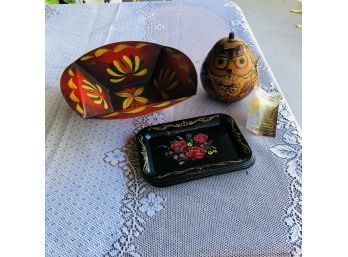 Kheops International Owl Gourd, Signed Painted Bowl And Tin Tray Set