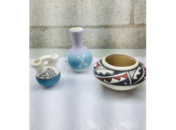 Trio Of Small Navajo Pottery Pieces, Some Signed