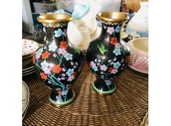 Pair Of Black Floral Vases With Birds