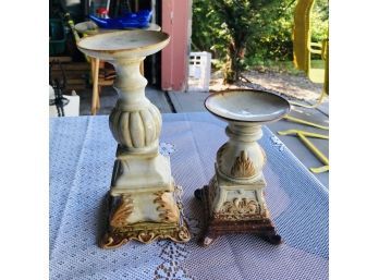 Set Of Two Antiqued Pillar Candle Holders