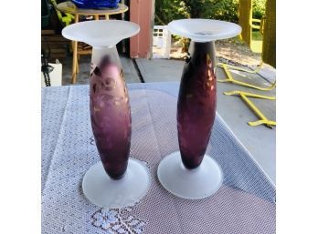 Pair Of Frosted Glass Pillar Candle Holders