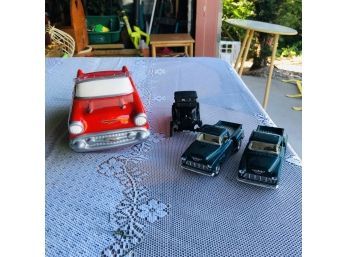 Ford Model T Diecast Car, Two 1955 Chevy Truck Diecast Cars And Ceramic Chevy