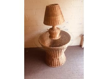 Wicker Table With Glass And Lamp