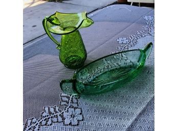 Small Glass Vase And Green Relish Dish