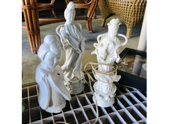 Asian Kwan-Yin Porcelain Lamp With Ceramic Figures