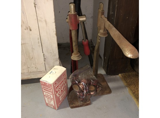 Pair Of Antique Bottle Cappers With Caps