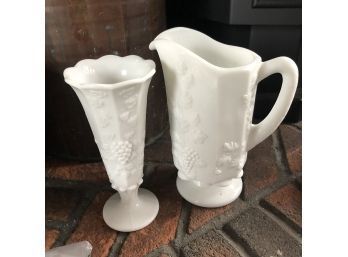 Vintage Milk Glass Pitcher And Vase