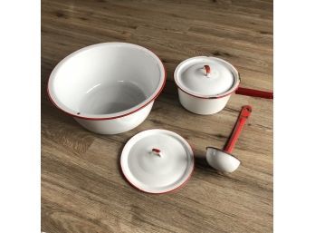 Vintage Red And White Enamelware Pan With Lid, Bowl And Ladle