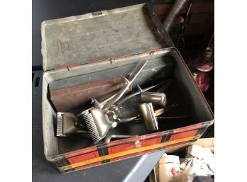 Tin Container With Vintage Shavers And Figaro Clippers