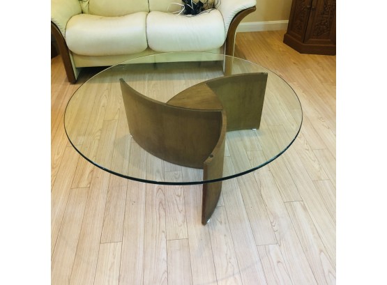Coffee Table With Round Glass Top And Wood Base