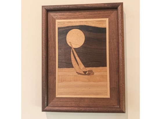 Vintage Wood Marquetry Inlay Picture Of A Sailboat