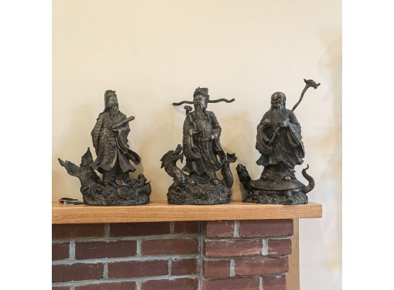 Set Of Three Bronze Statues With Chinese Mythological Creatures And Robed Figures