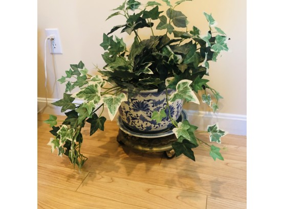 Blue And White Chinoiserie Planter With Dish With Faux Ivy And A Rolling Plant Stand
