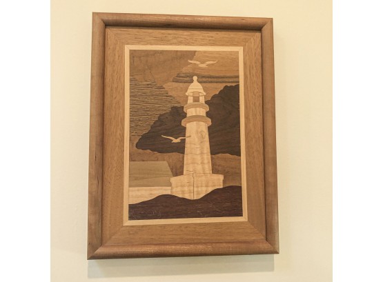 Vintage Wood Marquetry Inlay Picture Of A Lighthouse