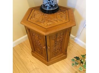 Vintage Hexagon Shaped End Table With Carved Elephants And Cabinet Storage No. 1