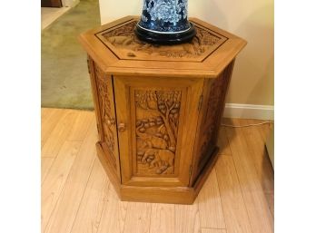 Vintage Hexagon Shaped End Table With Carved Elephants And Cabinet Storage No. 2