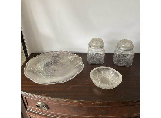 Pair Of Glass Jars With Suction Lids, Glass Platter & Candy Dish