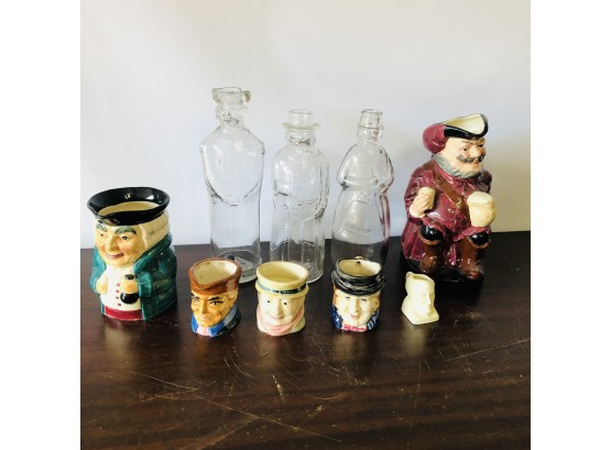 Vintage Figural Cups And Glass Bottles: Royal Doulton, Straffordshire, Etc.