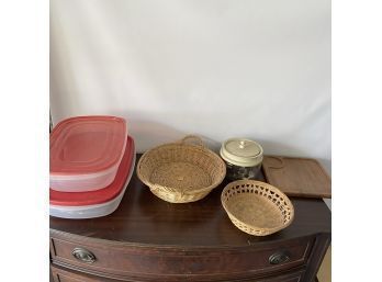2 Baskets, Wooden Dolphin Plate, Two Rubbermaid Containers, Christmas Cookie Cutters