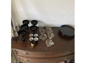 Lot Of Black Stemware & Plates, Espresso Glasses, Clear Glass Coffee Mugs