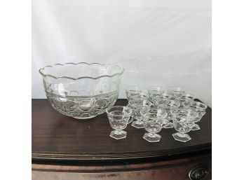 Vintage Glass Punchbowl With Ladle And Handle Cups