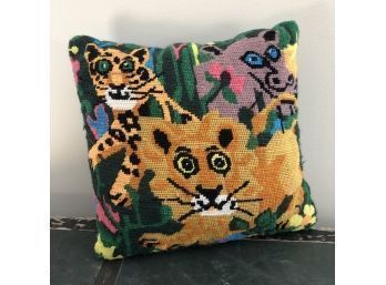 Vintage Jungle Themed Needlepoint Throw Pillow