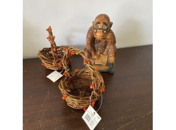 Monkey In Chair & Pair Of Baskets