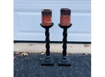 Pair Of Cast Iron Pillar Candleholders