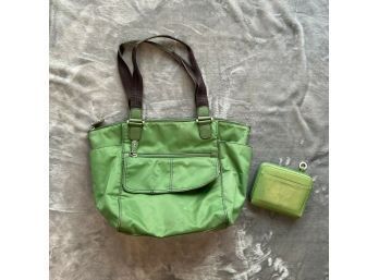 Liz Claiborne Women's Lot Of 2 - Green Bag With Green Leather Wallet