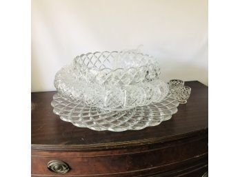 Glass Punch Bowl With Platter, Cups, Hooks And Ladles