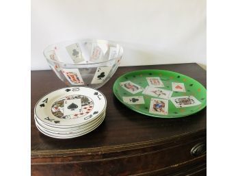 Playing Card Glass Bowl And Platter And Ceramic Plates