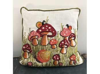 Vintage Throw Pillow With Embroidered Mushrooms