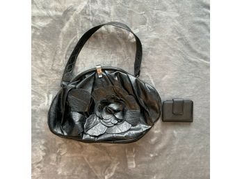 Jessica Simpson Women's Lot Of 2 Black Flower Purse And Black Wallet