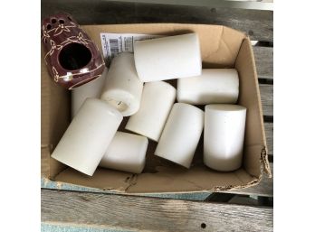 Box Lot Of Pillar Candles And Oil Burner
