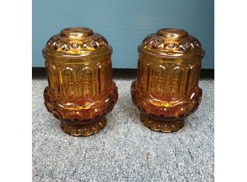 Set Of Two Vintage Amber Glass Candleholders