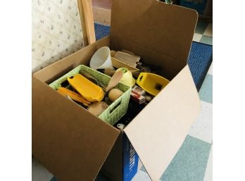 Kitchen Box Lot: Tray, Corn Holders, Vintage And Modern Utensils