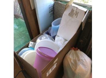 Box Of Mixed Plastic Storage Containers (back Porch)