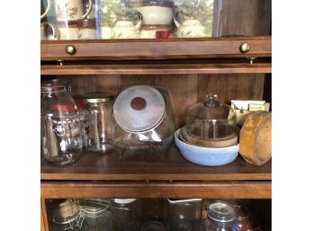 Shelf Lot: Jars, Vintage Electric Can Opener, Wood Bowls, Etc.  (Shed 1)