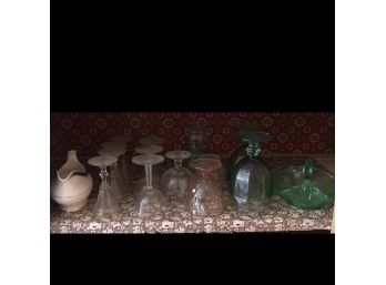 Pantry Shelf Lot No. 4: Glassware, Vaseline Glass Bowl With Birds