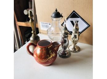Vintage Brass Bell, Teapot, Oneida Salt And Pepper Shakers And Glass Server (Workshop 2)