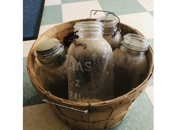 Bushel Basket With Old Jars