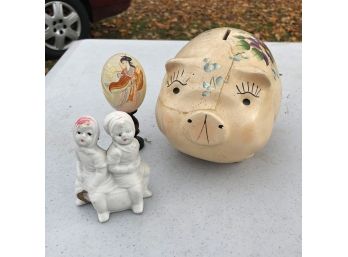 Vintage Piggy Bank, Hand Painted Egg Shell And Figure (Workshop 2)