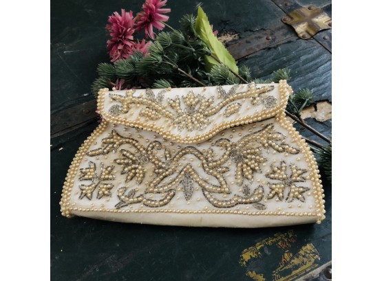 Ivory And Silver Beaded Clutch